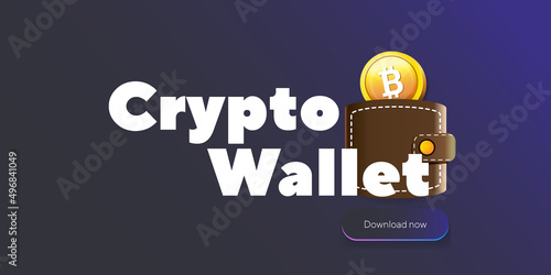 Cryptocurrency wallet concept illustration with wallet and crypto coins isolated on grey background. Crypto wallet landing page and poster design template. Crypto wallet for bitcoin, solana, ethereum