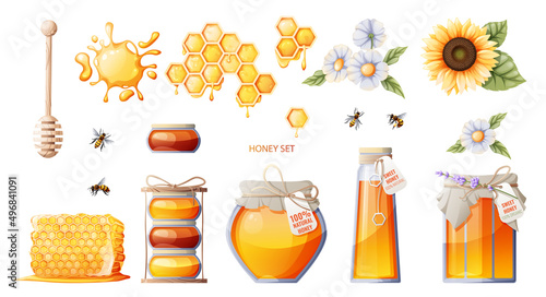 Set of honey products: jar of honey, honeycombs. Sunflower flowers, daisies. Bees and honey spoon. Suitable for honey shop, stickers, design.