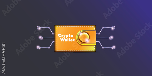 Cryptocurrency wallet concept illustration with wallet and crypto coins isolated on grey background. Crypto wallet landing page and poster design template. Crypto wallet for bitcoin, solana, ethereum
