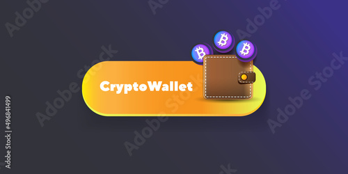 Cryptocurrency wallet concept illustration with wallet and crypto coins isolated on grey background. Crypto wallet landing page and poster design template. Crypto wallet for bitcoin, solana, ethereum
