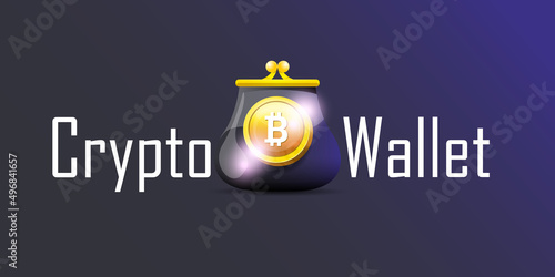 Cryptocurrency wallet concept illustration with wallet and crypto coins isolated on grey background. Crypto wallet landing page and poster design template. Crypto wallet for bitcoin, solana, ethereum