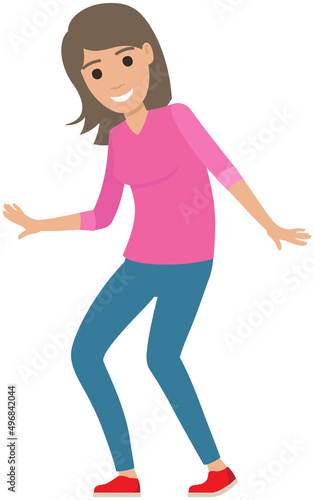 Young beautiful girl dancing happily. Celebration party, fun activity, feeling excited concept. Female character dancing, moving rhythmically. Lady in dance rejoices. Joy of victory, success