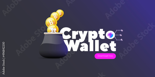 Cryptocurrency wallet concept illustration with wallet and crypto coins isolated on grey background. Crypto wallet landing page and poster design template. Crypto wallet for bitcoin, solana, ethereum