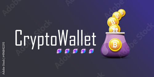 Cryptocurrency wallet concept illustration with wallet and crypto coins isolated on grey background. Crypto wallet landing page and poster design template. Crypto wallet for bitcoin, solana, ethereum
