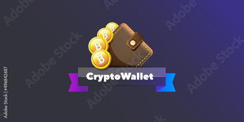 Cryptocurrency wallet concept illustration with wallet and crypto coins isolated on grey background. Crypto wallet landing page and poster design template. Crypto wallet for bitcoin, solana, ethereum