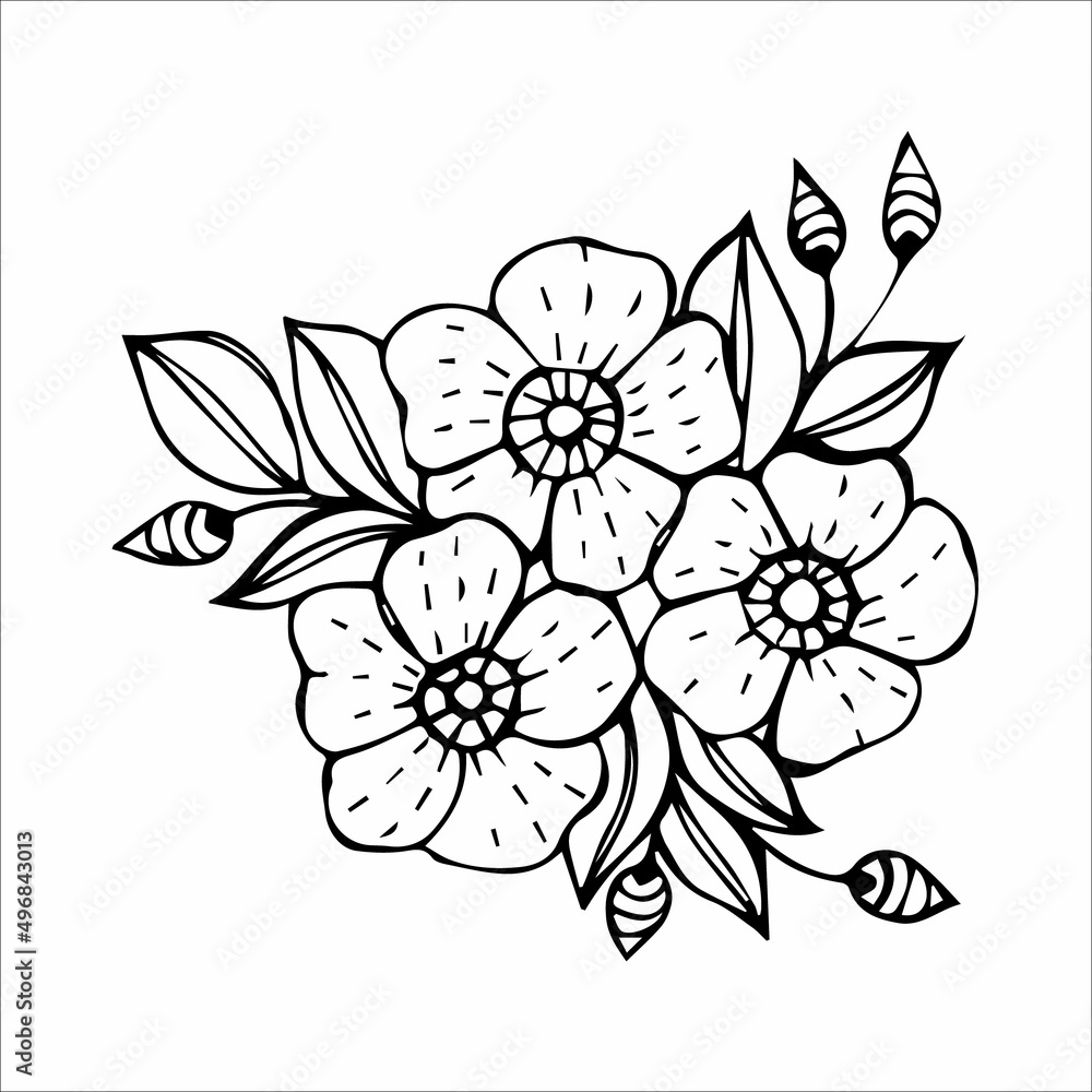 Hand drawn flower bouquet arrangement in black and white color doodle or sketch style. Postcard, invitation, greeting card, coloring book page.