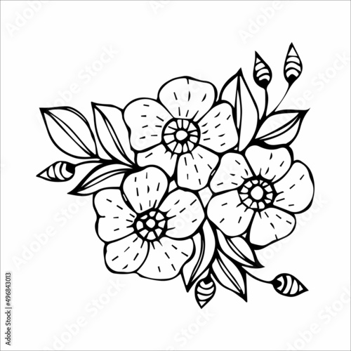 Hand drawn flower bouquet arrangement in black and white color doodle or sketch style. Postcard  invitation  greeting card  coloring book page.