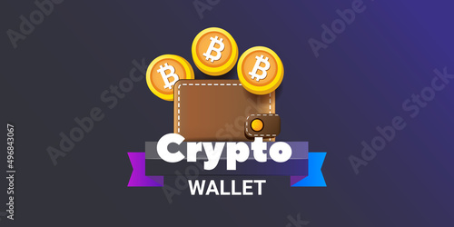 Cryptocurrency wallet concept illustration with wallet and crypto coins isolated on grey background. Crypto wallet landing page and poster design template. Crypto wallet for bitcoin, solana, ethereum