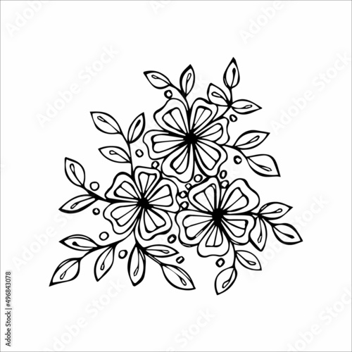 Hand drawn flower bouquet arrangement in black and white color doodle or sketch style. Postcard  invitation  greeting card  coloring book page.
