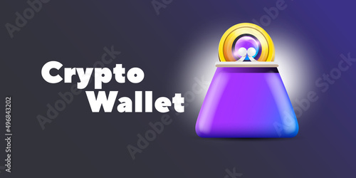 Cryptocurrency wallet concept illustration with wallet and crypto coins isolated on grey background. Crypto wallet landing page and poster design template. Crypto wallet for bitcoin, solana, ethereum