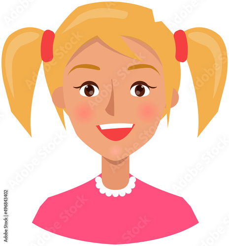 Positive face expression of young woman. Girl with emotion of happiness, joy. Cheerful, joyful face of female character. Happy smiling lady vector illustration. Expressing human emotion concept
