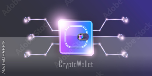 Cryptocurrency wallet concept illustration with wallet and crypto coins isolated on grey background. Crypto wallet landing page and poster design template. Crypto wallet for bitcoin, solana, ethereum