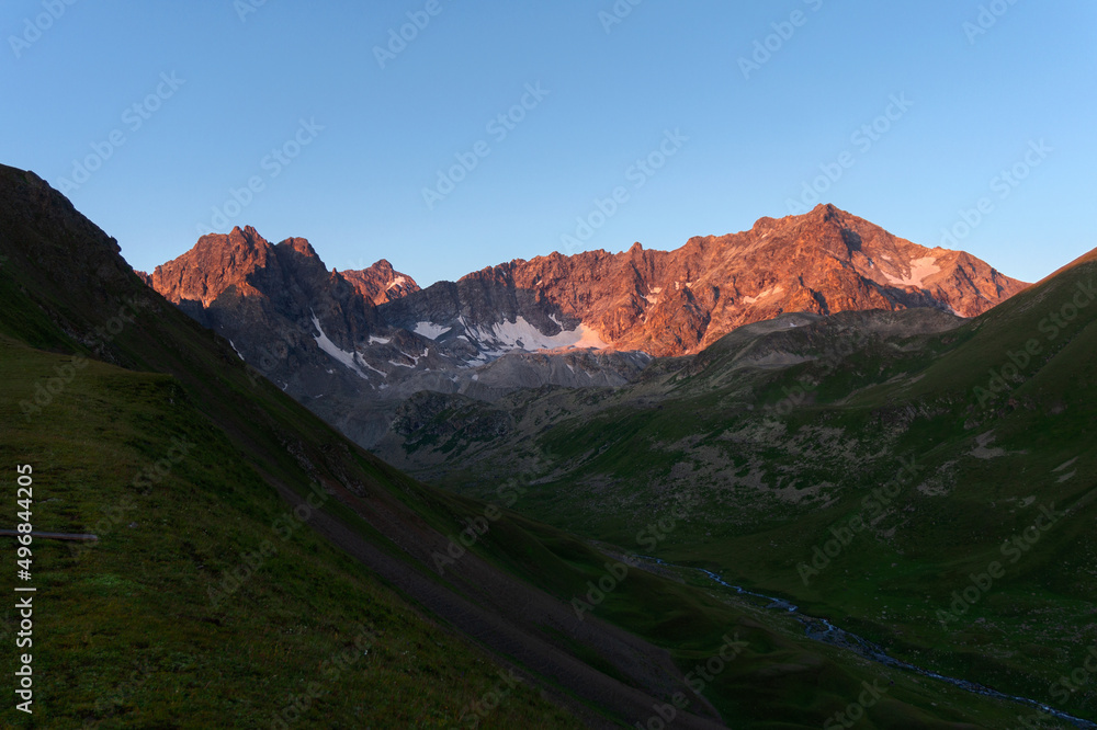 The mountain valleys of the Teberda Nature Reserve in Karachay-Cherkessia in the early morning dawn