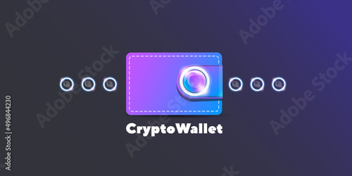 Cryptocurrency wallet concept illustration with wallet and crypto coins isolated on grey background. Crypto wallet landing page and poster design template. Crypto wallet for bitcoin, solana, ethereum