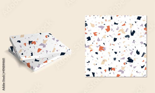 Vector seamless pattern Terrazzo. Abstract textured with small pieces of broken marble, tile, glass. Modern stone background for print, interior decor, paper, branding, web design. Coasters mockup