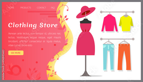 Online shopping, clothes shop banner. Sale and consumerism concept. Clothing store website template. Clothes and footwear in modern online boutique. Online store design for selling garments