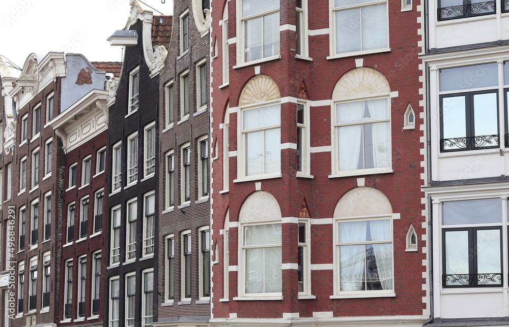 Amsterdam Prins Hendrikkade Street Historic Brick House Facades Close Up, Netherlands