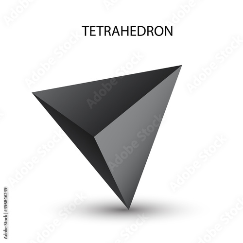 black tetrahedron with gradients for game  icon  package design  logo  mobile  ui  web. One of regular polyhedra isolated on white background. Minimalist style. Platonic solid.