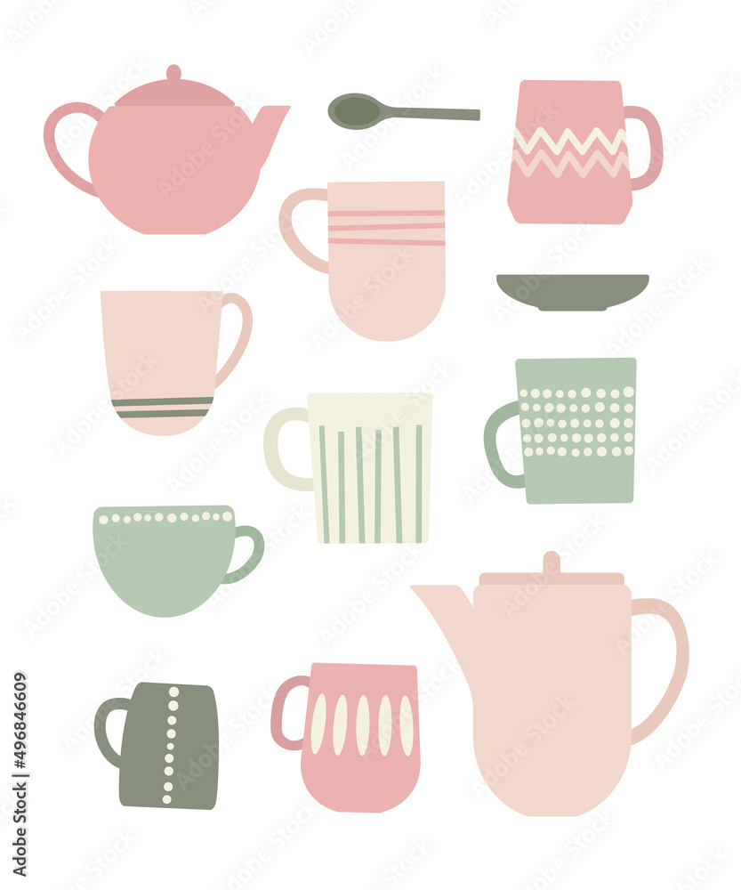 Set of cups, mugs and teapots. Cozy flat vector illustration. Hygge time. Set of cups, mugs and teapots. Cozy flat vector illustration. Hygge time.