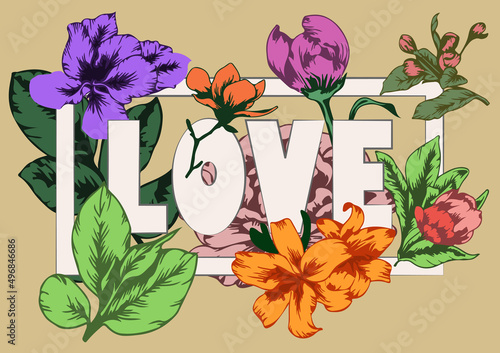 Valentine Day 14 February greeting card Love typography and flowers
