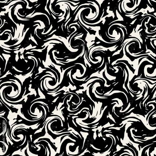 Vector seamless pattern. Abstract murble texture with monochrome fluid stains. Creative background with scrolls. Decorative design with marbling effect. Can be used as swatch for illustrator.