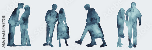 Love.Couple.Watercolor love silhouette.Set.Love story set on white background.