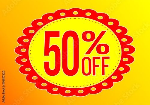 -50 percent discount. 50% discount. Up to 50%. Yellow and Red banner with floating balloon for promotions and offers. Up to. Discount and offer board.