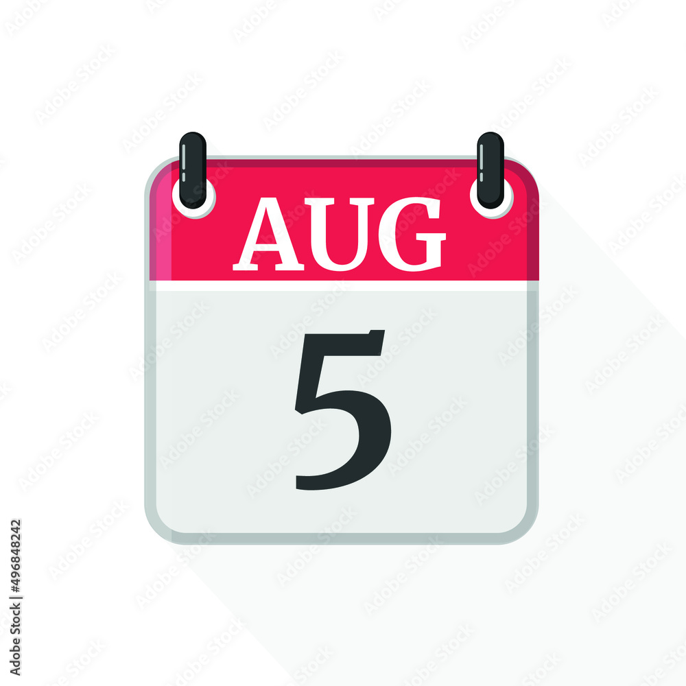 August 5 Calendar Icon. Calendar Icon with white background. Flat style. Date, day and month. August 5 Calendar Icon. Calendar Icon with white background. Flat style. Date, day and month.
