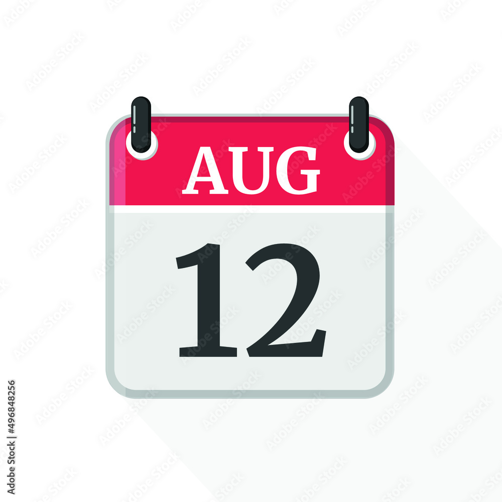 August 12 Calendar Icon. Calendar Icon with white background. Flat style. Date, day and month. August 12 Calendar Icon. Calendar Icon with white background. Flat style. Date, day and month.