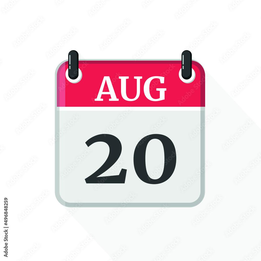 August 20 Calendar Icon. Calendar Icon with white background. Flat style. Date, day and month. August 20 Calendar Icon. Calendar Icon with white background. Flat style. Date, day and month.