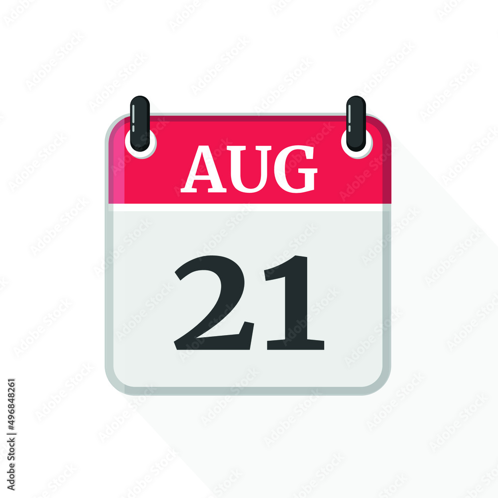 August 21 Calendar Icon. Calendar Icon with white background. Flat style. Date, day and month. August 21 Calendar Icon. Calendar Icon with white background. Flat style. Date, day and month.