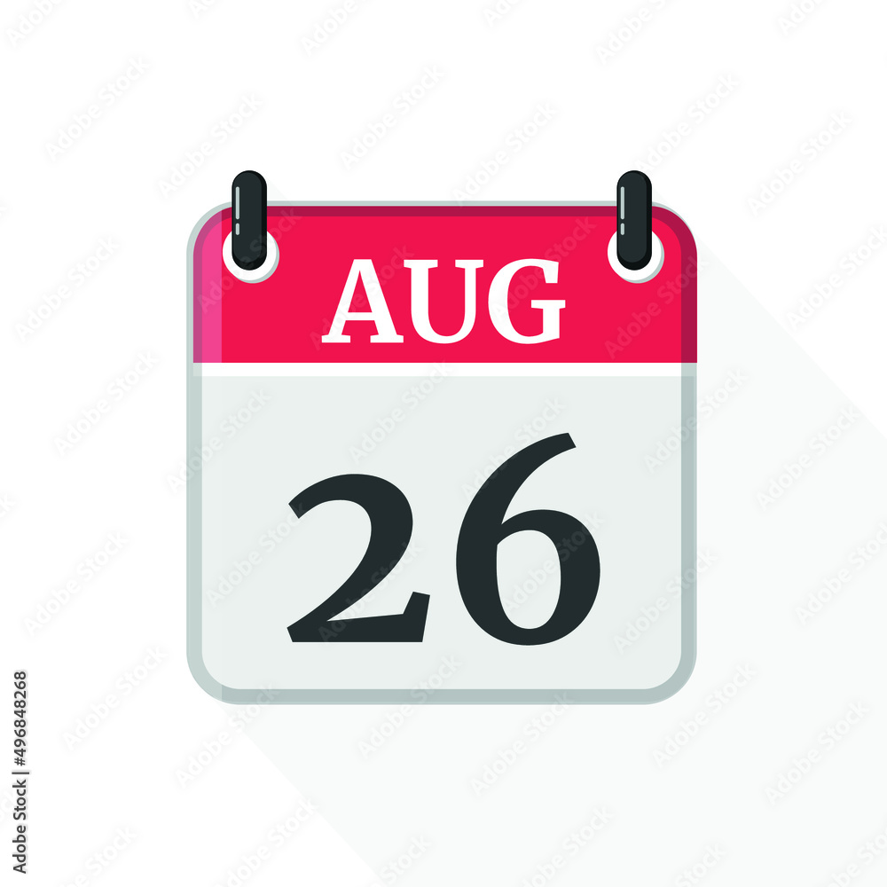 August 26 Calendar Icon. Calendar Icon with white background. Flat style. Date, day and month. August 26 Calendar Icon. Calendar Icon with white background. Flat style. Date, day and month.
