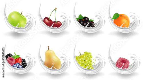 milk splash background with different fruits. Splash drops banner with cherry, pear, grapes, apple, forest fruits, raspberry, apricot