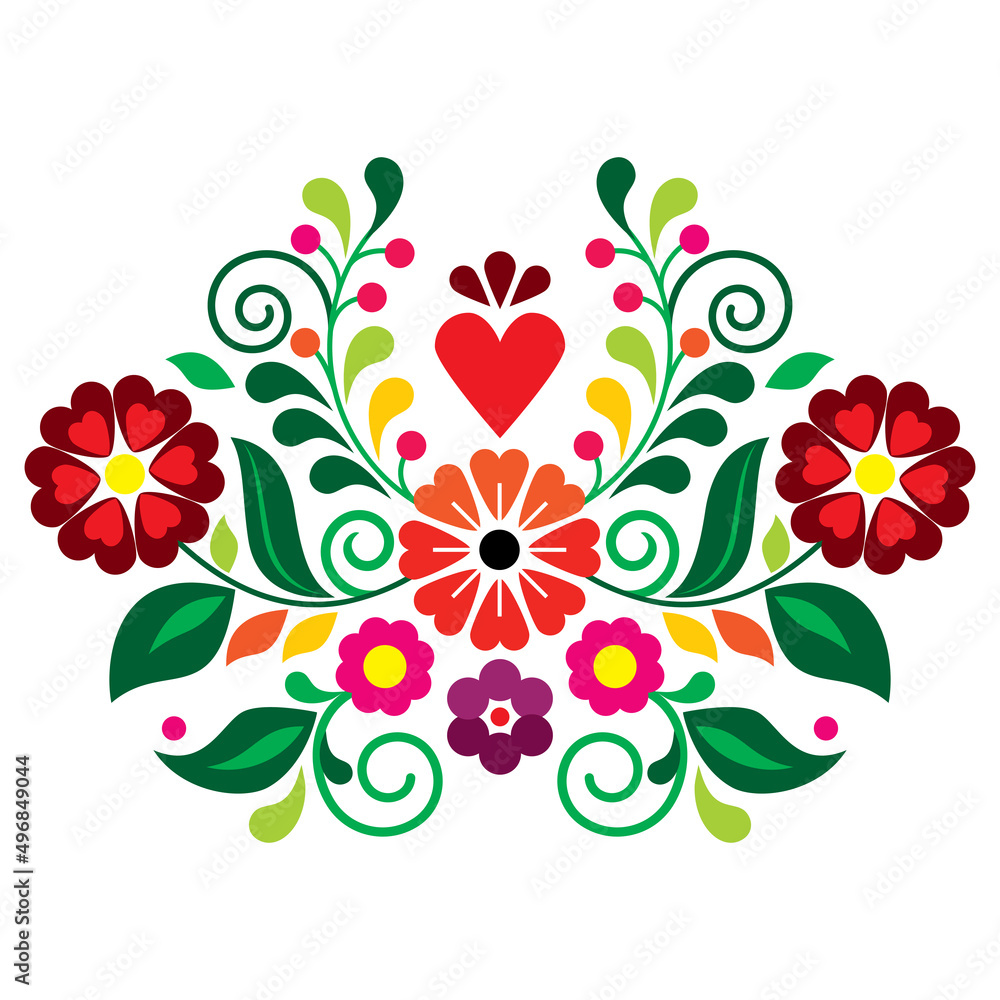 Folk art vector design with flowers, leaves and heart, Mexican ...