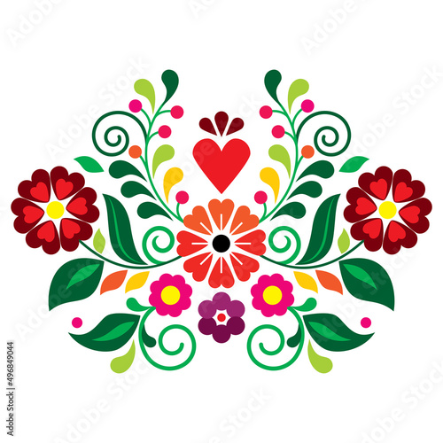 Folk art vector design with flowers, leaves and heart, Mexican traditional embroidcery style perfect for greeting card or wedding invitation pattern 
 