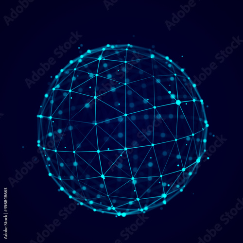 Sphere made up of points and lines. Network connection structure. Big data visualization. 3D rendering.