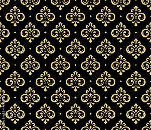 Wallpaper in the style of Baroque. Seamless vector background. Gold and black floral ornament. Graphic pattern for fabric, wallpaper, packaging. Ornate Damask flower ornament