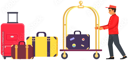 Young man working as bellboy surrounded by hotel symbols. Hotel employee in work clothes. Personnel for carrying luggage and opening doors. Doorkeeper, doorman, receptionist, porter in red uniform