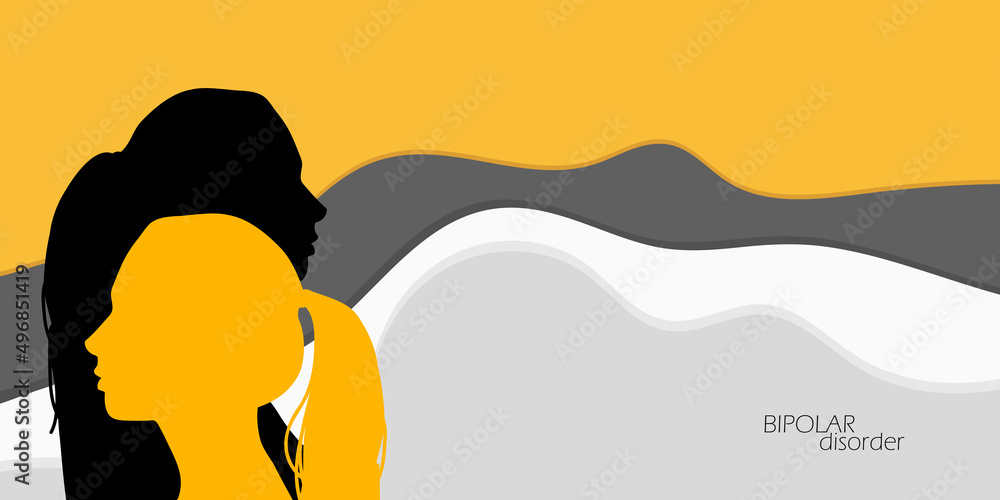Concept of bipolar mood swing, extreme rapid emotion level change, depression, struggles around self esteem. illustration of child woman with bipolar disorder two head silhouette, dual personality - obrazy, fototapety, plakaty 