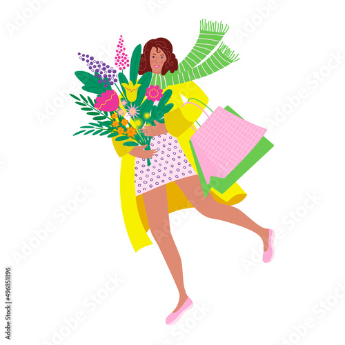 Smiling spring woman with the shopping bags and flowers. Colorful vector isolated illustration in flat style with texture.