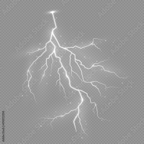 Thunderstorm and lightning, the effect of light and shine. Discharge electric current. Charge current. Natural phenomena. Set of zippers.