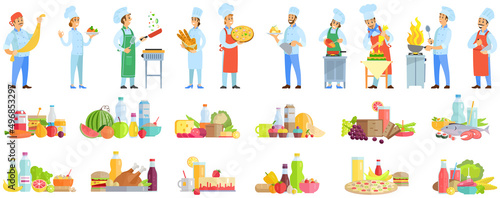 People preparing dish, meal. Chefs work with kitchen equipment to prepare food. Male characters fry with pan, cut vegetables, mix, add ingredients of dish. Set of chefs creating restaurant meal