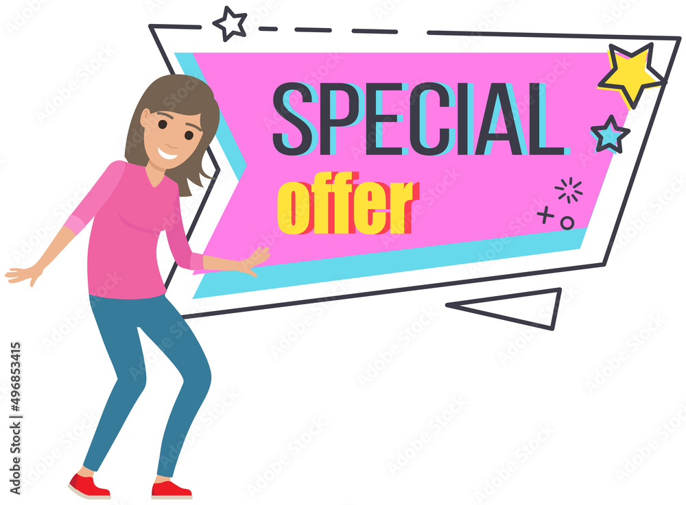 Sale banner with woman dancing near advertising poster. Shopping time promotional style. Lady rejoices in discounts and exclusive offer in store. Female character in dance to sale advertisement Sale banner with woman dancing near advertising poster. Shopping time promotional style. Lady rejoices in discounts and exclusive offer in store. Female character in dance to sale advertisement