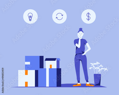 
a girl thinks about a business idea, boxes with goods, money and exchange light bulb icons