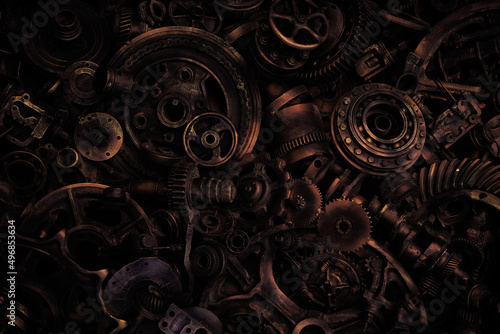 steampunk scrap metal for recycling background. a lot of different rusty industrial part detail for melt and reused