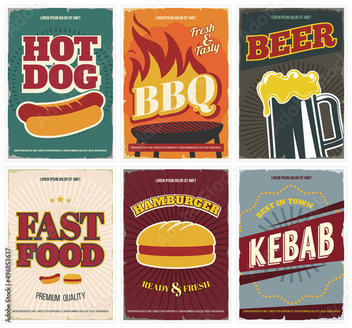 Fast food 6 posters set. Retro style templates with hot dog, hamburger, BBQ, beer, kebab for fast food restaurants, add, banners, flyers and more. Vintage design. Isolated. Vector.