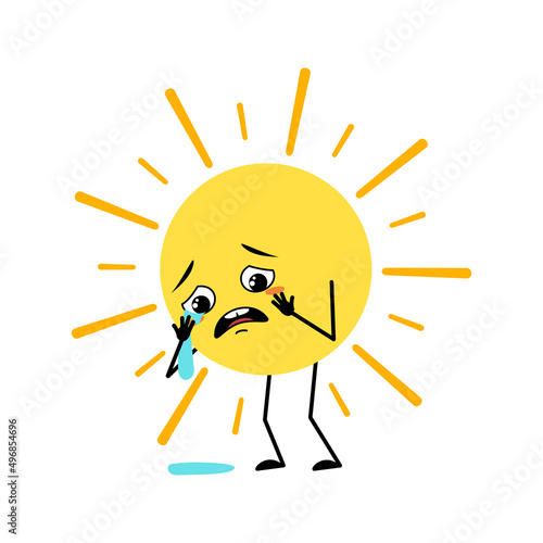 Cute sun character with crying and tears emotion, sad face, depressive eyes, arms and legs. Person with melancholy expression and pose. Vector flat illustration