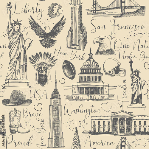 United states of america country theme symbols seamless pattern. Retro sketch background