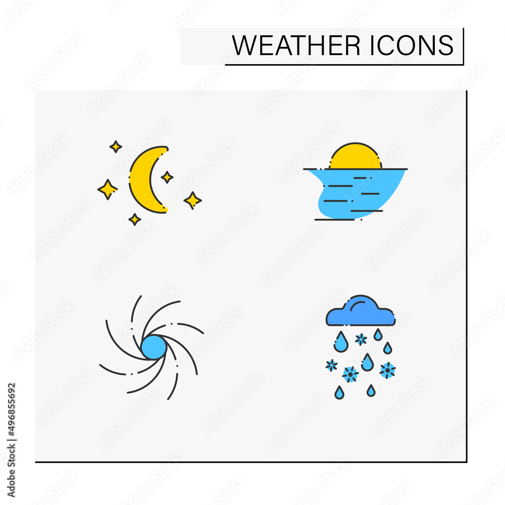 Weather color icons set. Clear night, starry night with moon, hurricane, sleet. Meteorology concept. Isolated vector illustrations Weather color icons set. Clear night, starry night with moon, hurricane, sleet. Meteorology concept. Isolated vector illustrations