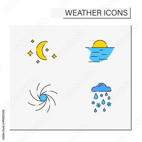 Weather color icons set. Clear night, starry night with moon, hurricane, sleet. Meteorology concept. Isolated vector illustrations